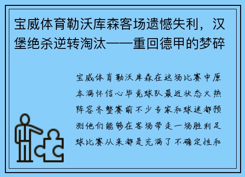 宝威体育勒沃库森客场遗憾失利，汉堡绝杀逆转淘汰——重回德甲的梦碎