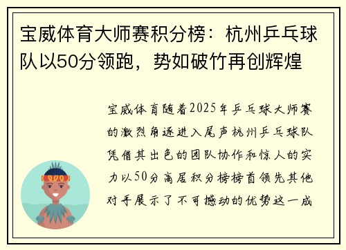 宝威体育大师赛积分榜：杭州乒乓球队以50分领跑，势如破竹再创辉煌